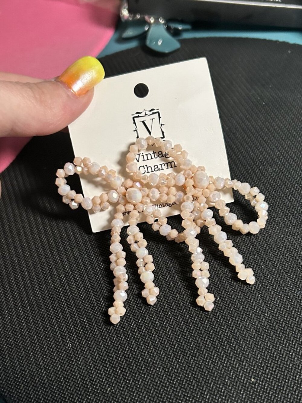 Vintage Charm Beaded Bow Drop Earrings Champagne Shimmer Statement NWT